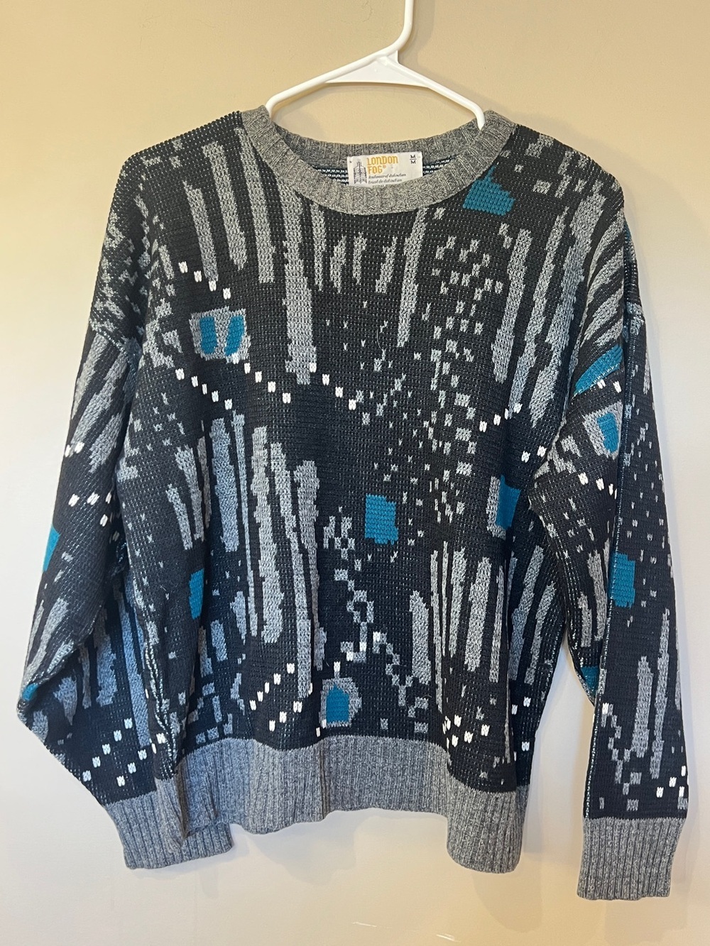 Vintage London Fog Knit Sweater Gray Blue Abstract Pattern Size Medium - Picture 2 of 6